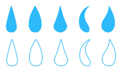 Drop set isolated on a white background. Silhouettes  and outline drawing. Different drop shapes. Oil, tear, rain, water drop. Editable stroke. Linear icon, vector illustration. 