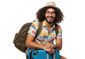 Man with curly hair wearing hat and glasses with suitcase on transparent background