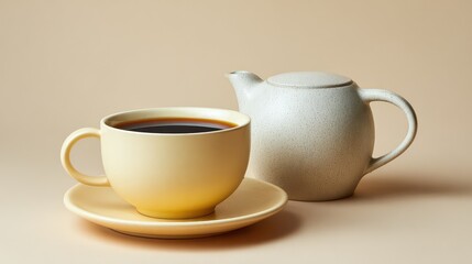 Fototapeta premium Minimalist coffee cup on saucer placed beside a small pot of cream on textured neutral background with space