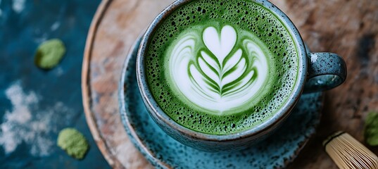 A cup of green matcha latte with foam art 