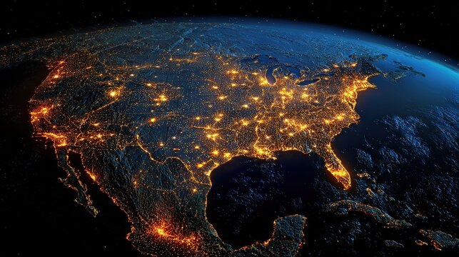 Nighttime satellite view of North America showing glowing city lights and geographic outlines against the dark continent and ocean backdrop.