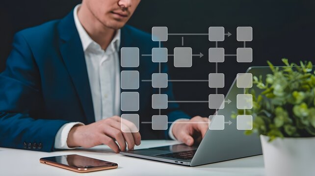 Business professional using a laptop to create a virtual flowchart, demonstrating digital technology for process organization and optimization. - Powered by Adobe