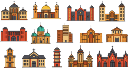 Set of Stylized Church and Religious Building Vector Icons