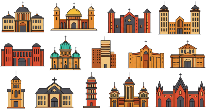 Set of Stylized Church and Religious Building Vector Icons