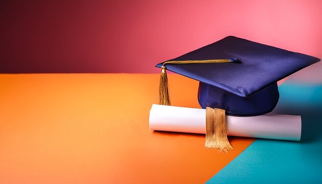 un birrete de graduacion sobre un diploma sobre un fondo colorido con espacio de copia fin de cursos termino del curso o de clases escolares