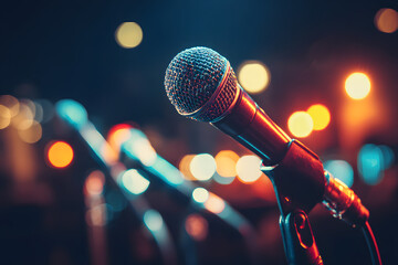 Fondo de concierto y concepto musical. Fondo de música en vivo. Micrófono y luces de escenario para karaoke y concepto de cantar