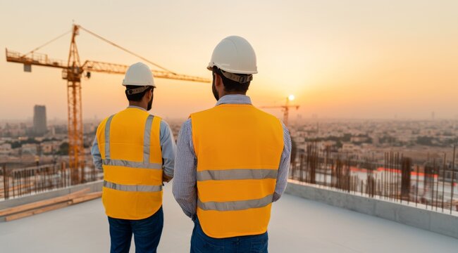 Two construction workers supervising progress on construction project at a building site with safety gear and equipment