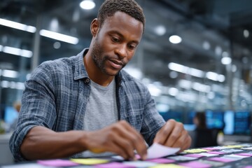 An individual meticulously arranges sticky notes on a desk, representing productivity, organization, and creative planning in a modern office environment.