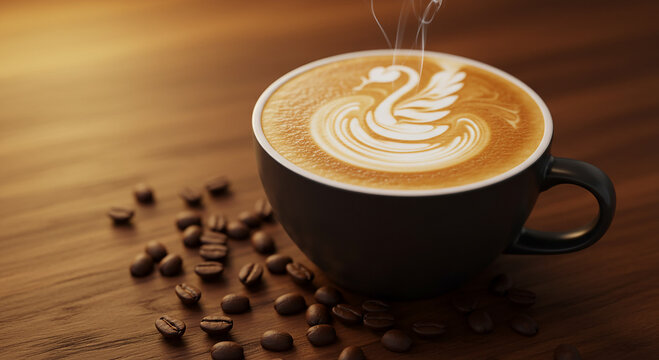Steaming hot coffee cup with swan latte art and scattered coffee beans