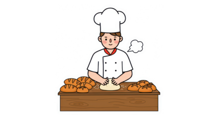 Cartoon Baker Kneading Dough with Fresh Bread