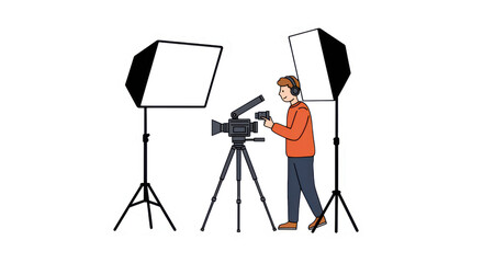 Young Filmmaker Working on Video Production with Lights and Camera