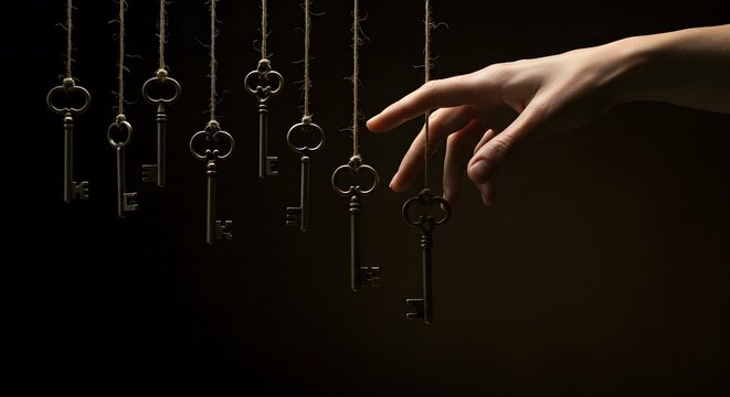 Unlocking Secrets Hand Reaching for Vintage Keys in Shadowy Light, Discovering Answers and Empowering Choice
