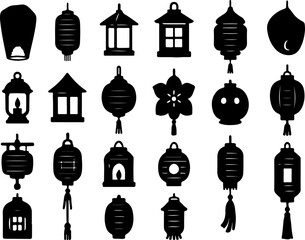 Collection of diverse black silhouette icons representing various traditional asian lanterns and sky lanterns against a clean white background