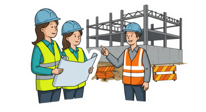 Construction Team Reviewing Blueprints at Building Site