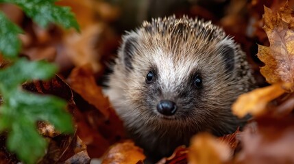 Fototapeta premium Curious hedgehog exploring a carpet of autumn leaves in the forest