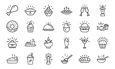Collection of Hand-Drawn Food and Drink Line Icons with Light Effects Featuring Fast Food, Desserts, Beverages, and Hot Meals on White Background
