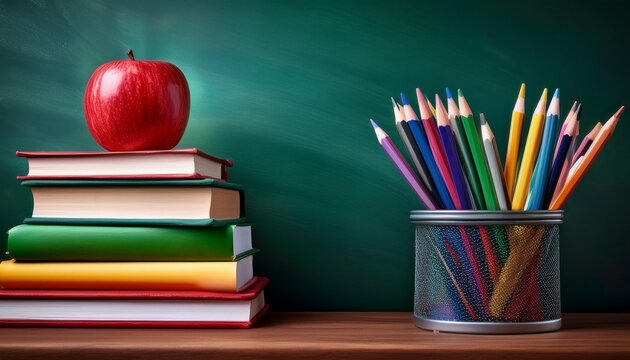 an apple and several colored pencils on a desk with books stacked in a pencil quarter view style against a dark green chalkboard background providing copy space