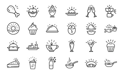 Collection of Hand-Drawn Food and Drink Line Icons with Light Effects Featuring Fast Food, Desserts, Beverages, and Hot Meals on White Background