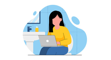 An illustration depicts a woman sitting on a toilet in a bathroom while working on her laptop, showcasing modern work-life integration.