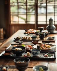 Fototapeta premium Stół z tradycyjnymi japońskimi potrawami – sushi, miso, ryż, sashimi i inne dania podane w elegancki, minimalistyczny sposób, zgodnie z japońską kulturą kulinarną.