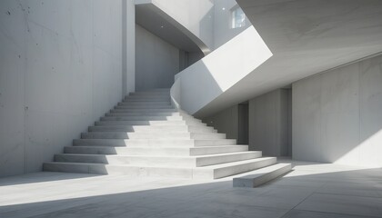 A minimalist interior featuring a staircase with white walls and natural light streaming in