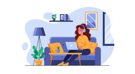 Young woman works from home on laptop wearing headphones, sitting comfortably on a couch in a cozy living room setting with plants and soft lighting, enjoying a peaceful atmosphere.