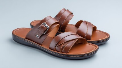 Pair of men's leather sandals isolated on light background with minimal design and layout room