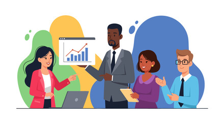 Diverse business team collaborates on a presentation with growth chart, illustrating successful strategy and teamwork in modern office.