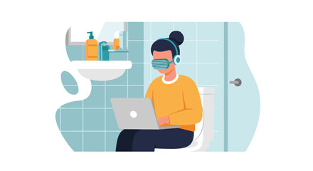 Young woman wearing VR headset works on laptop while sitting on toilet in modern bathroom, illustrating remote work and technology integration into daily life.