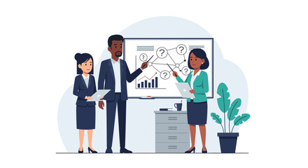 A diverse team of business professionals collaborates on a strategy presentation, analyzing charts and diagrams on a whiteboard in a modern office setting.