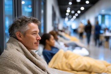 Fototapeta premium A serene man sits wrapped in a cozy blanket, reflecting amid a gentle ambiance of a communal space filled with others also seeking comfort and warmth, creating a sense of peace.