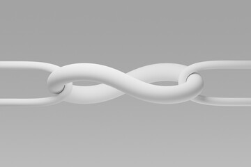 3D rendering of an intertwined white chain link symbolizing connection and resilience