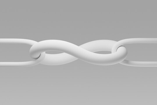 3D rendering of an intertwined white chain link symbolizing connection and resilience