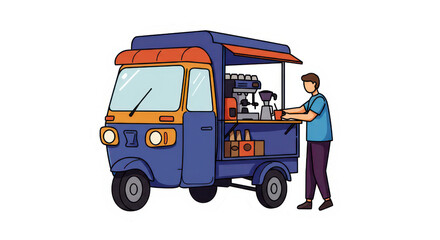Cartoon Illustration of a Mobile Coffee Food Truck and Barista
