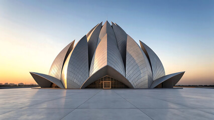 Modern lotus temple architecture gleaming under soft morning sunlight