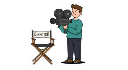 Cartoon Illustration of Film Director with Camera and Chair
