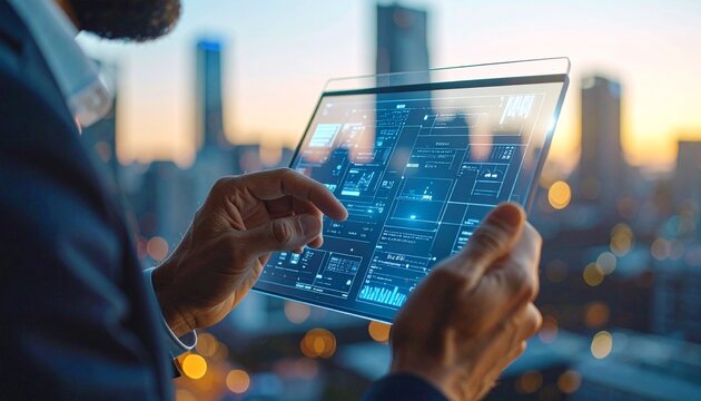 Closeup of a person's hands using a transparent tablet with AR interface, digital data overlays floating in air