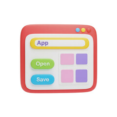 3D rendering of an application window interface on a solid black background