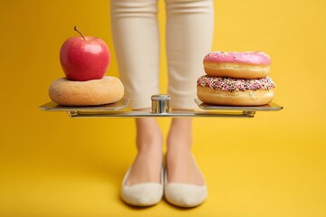 A woman standing on a scale holding both an apple and donuts, caught in the dilemma of choosing healthy versus unhealthy foods.