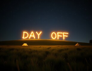 Sparkling "Day Off" message illuminates the night sky over a grassy hill, with tents nestled in the field below.