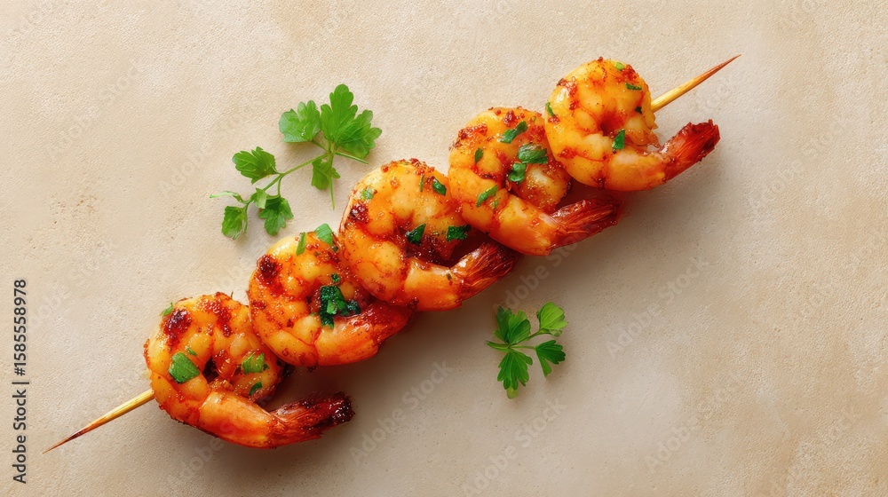 Poster top-down image of grilled shrimp skewers placed on a textured background with empty layout area