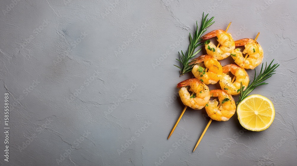 Poster top-down image of grilled shrimp skewers placed on a textured background with empty layout area