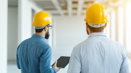 Two construction workers collaborating on job site with touchscreen tablet and safety gear for efficient workflow