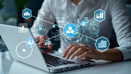 Person using laptop with holographic data overlay - Powered by Adobe