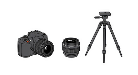 Photography Gear Sticker Illustration: Camera, Lens, and Tripod