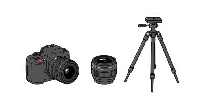 Photography Gear Sticker Illustration: Camera, Lens, and Tripod