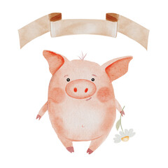 Piglet or piggy watercolor drawing. Hand drawn illustration of pig with chamomile flower and the inscription on white background. Clip art of cute farm animal character. Ideal for stickers, cards and