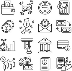 Currency icon set. Includes of money, finance, cash, coin, dollar, and More. Outline icons vector collection