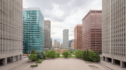 Urban high-rise with glass curtain walls and sunshades, landscaped plaza below with wide open area