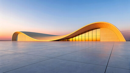 Obraz premium Modern architectural building with a flowing wave like roof illuminated by sunset
